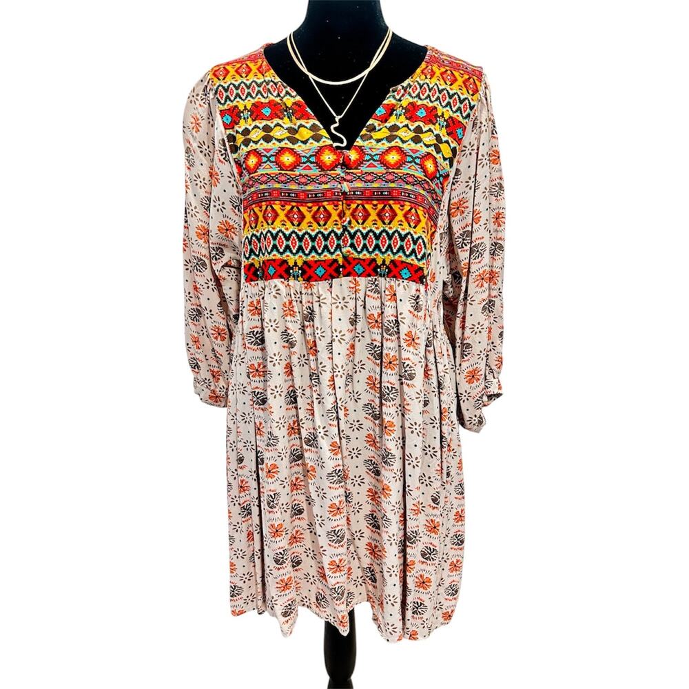 Umgee Boho Tunic Dress Size Large Embroidered Aztec Floral Babydoll Mini